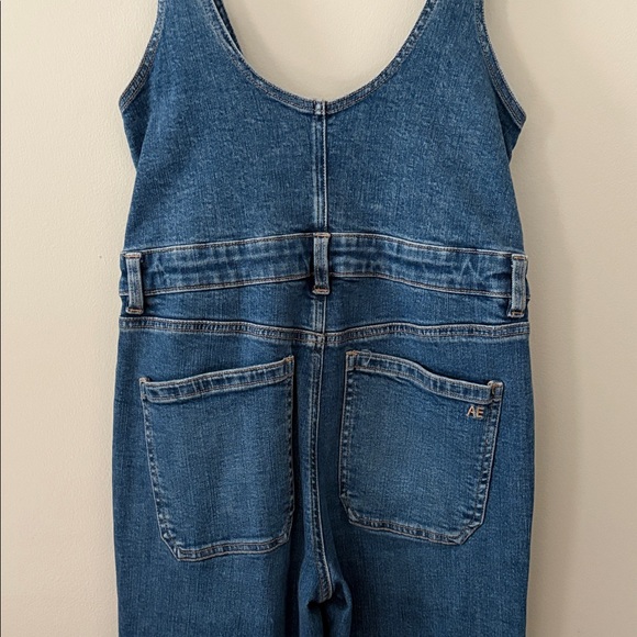 American Eagle Stretch Flare Jean Denim Overalls Front Zip Retro Vibe Size 8 - Picture 10 of 16